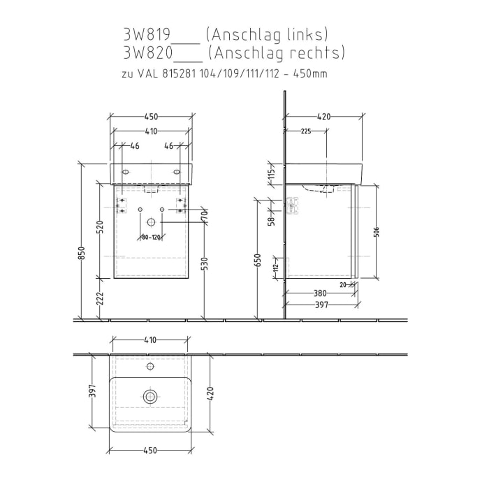 Sanipa 3way Waschtischunterbau für Keramik-Waschtisch Val 45 cm, 1 Tür, Anschlag rechts, mit Griffleiste