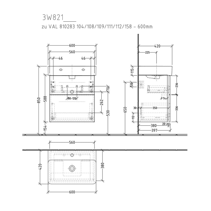 Sanipa 3way Waschtischunterbau für Keramik-Waschtisch Val 60 cm, 2 Auszüge mit Griffleisten