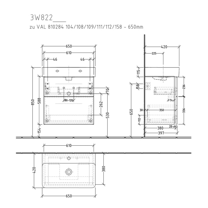 Sanipa 3way Waschtischunterbau für Keramik-Waschtisch Val 65 cm, 2 Auszüge mit Griffleisten