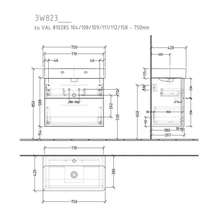 Sanipa 3way Waschtischunterbau für Keramik-Waschtisch Val 75 cm, 2 Auszüge mit Griffleisten