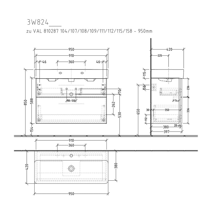 Sanipa 3way Waschtischunterbau für Keramik-Waschtisch Val 95 cm, 2 Auszüge mit Griffleisten