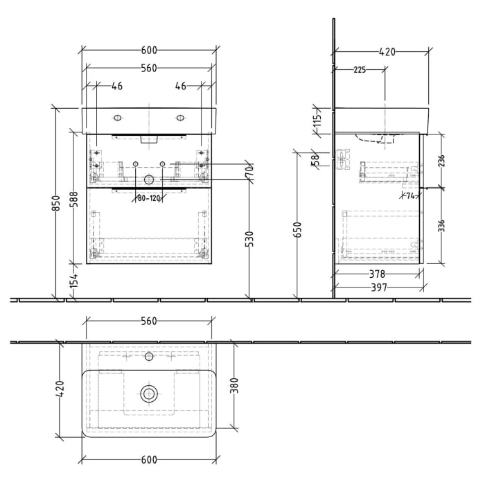 Sanipa 3way Waschtischunterbau für Keramik-Waschtisch Val 60 cm, 2 Auszüge mit Push to open