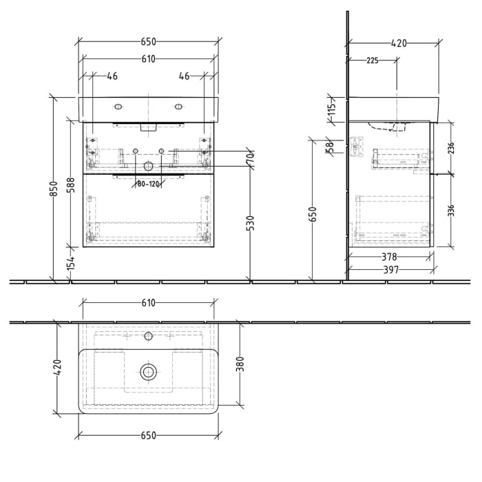 Sanipa 3way Waschtischunterbau für Keramik-Waschtisch Val 65 cm, 2 Auszüge mit Push to open