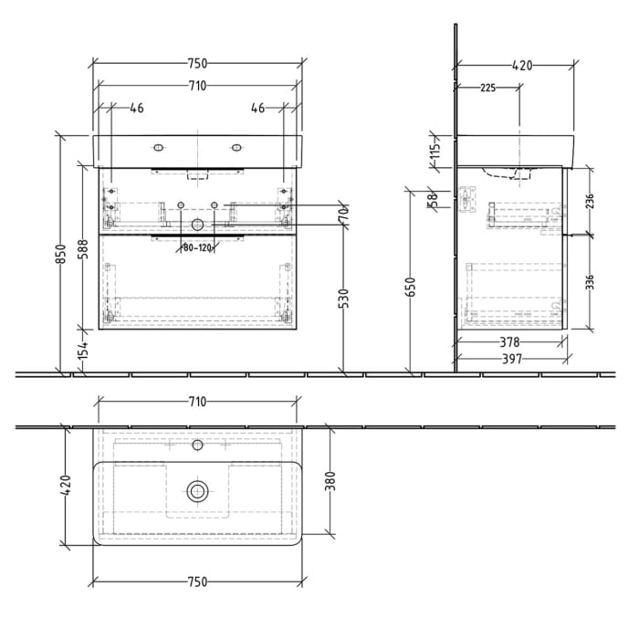 Sanipa 3way Waschtischunterbau für Keramik-Waschtisch Val 75 cm, 2 Auszüge mit Push to open