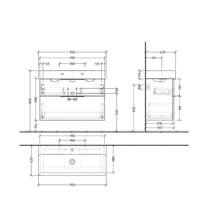 Sanipa 3way Waschtischunterbau für Keramik-Waschtisch Val 95 cm, 2 Auszüge mit Push to open