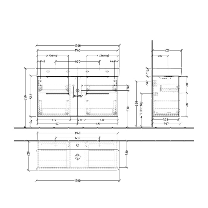 Sanipa 3way Waschtischunterbau für Keramik-Waschtisch Val 120 cm, 4 Auszüge mit Push to open
