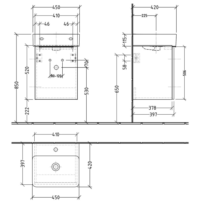 Sanipa 3way Waschtischunterbau für Keramik-Waschtisch Val 45 cm, 1 Tür, Anschlag links, mit Aufsatzgriff