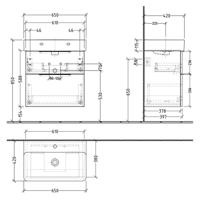 Sanipa 3way Waschtischunterbau für Keramik-Waschtisch Val 65 cm, 2 Auszüge mit Aufsatzgriff