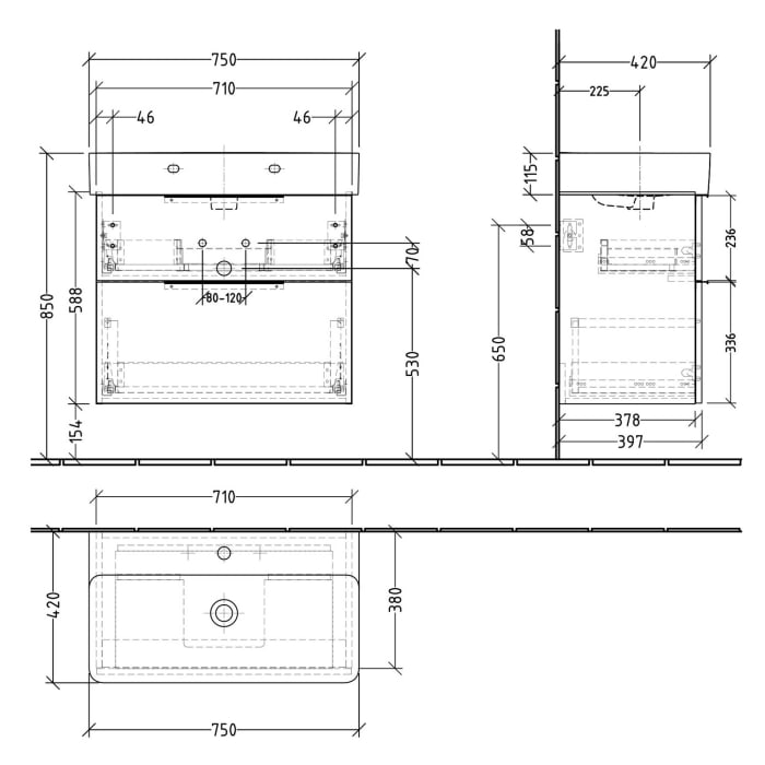 Sanipa 3way Waschtischunterbau für Keramik-Waschtisch Val 75 cm, 2 Auszüge mit Aufsatzgriff