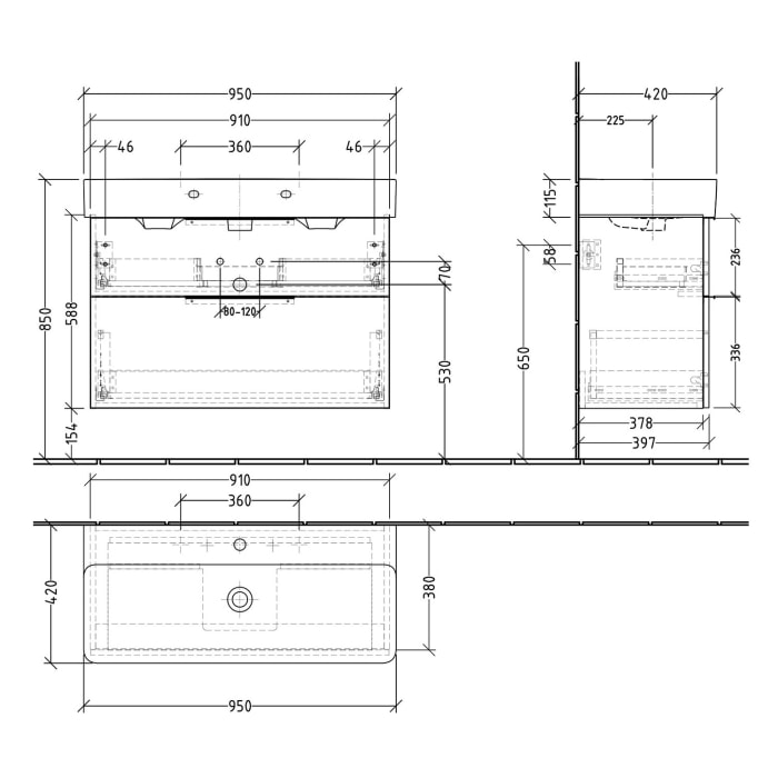 Sanipa 3way Waschtischunterbau für Keramik-Waschtisch Val 95 cm, 2 Auszüge mit Aufsatzgriff