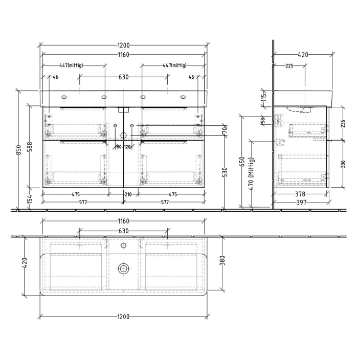 Sanipa 3way Waschtischunterbau für Keramik-Waschtisch Val 120 cm, 4 Auszüge mit Aufsatzgriff