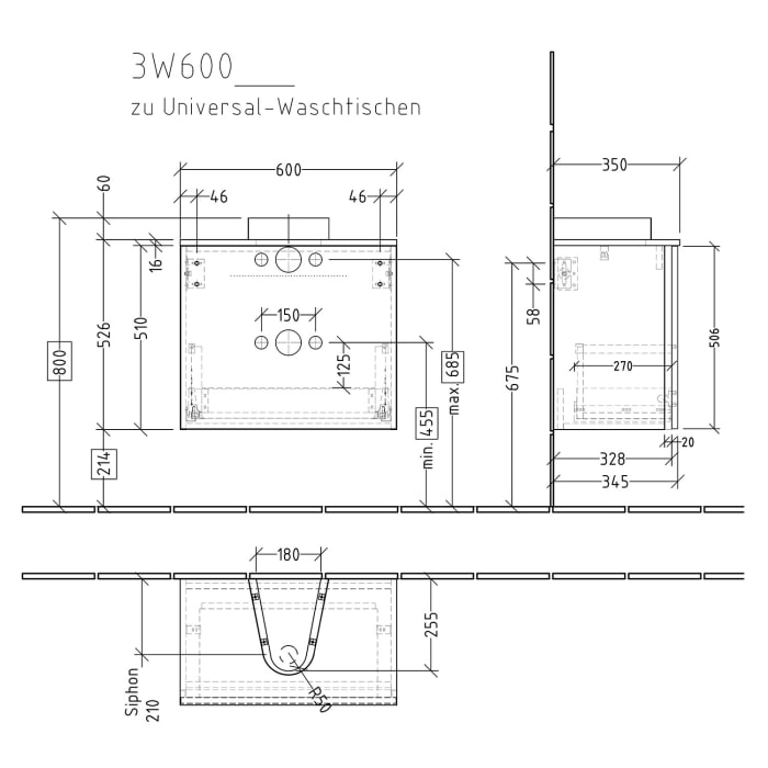 Sanipa 3way Universal-Waschtischunterbau 60 cm, 1 Auszug mit Griffleiste
