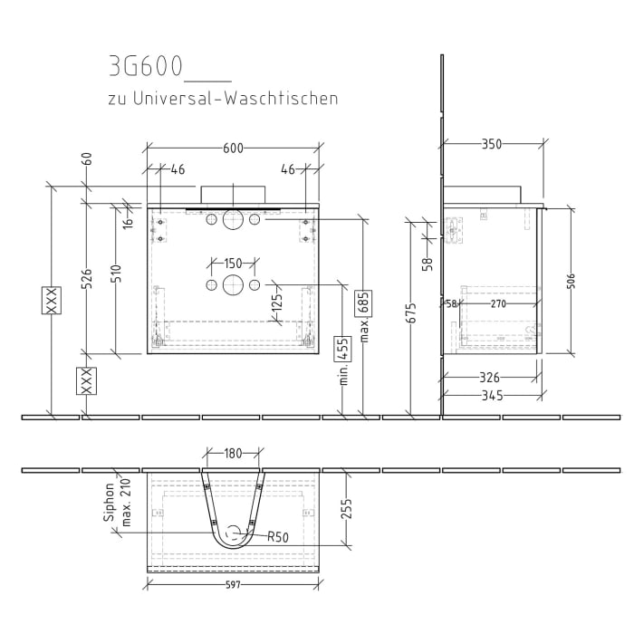 Sanipa 3way Universal-Waschtischunterbau 60 cm, 1 Auszug, mit Aufsatzgriff
