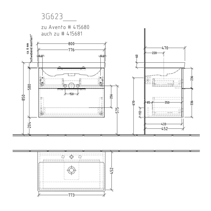 Sanipa 3way Waschtischunterbau für Keramik-Waschtisch Avento 80 cm, 2 Auszüge mit Aufsatzgriff