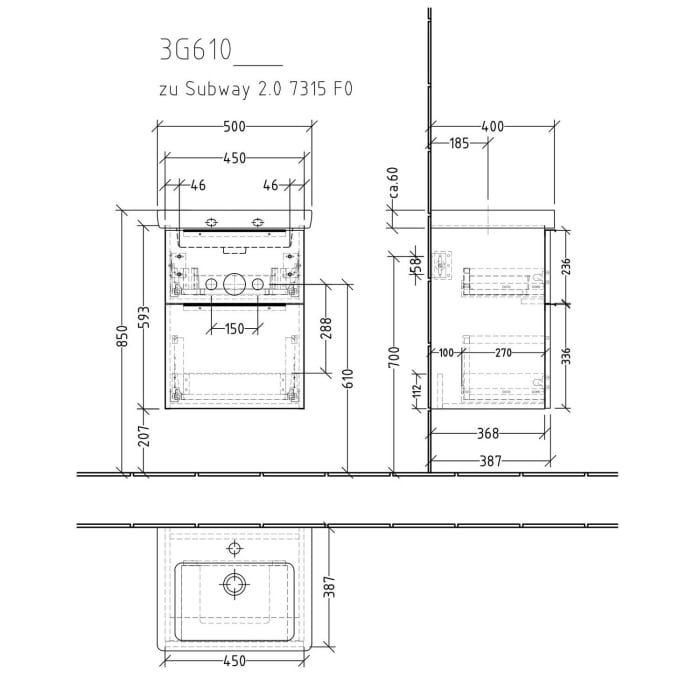 Sanipa 3way Waschtischunterbau für Keramik-Waschtisch Subway 2.0 50 cm, 2 Auszüge mit Aufsatzgriff