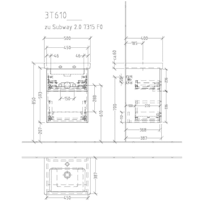Sanipa 3way Waschtischunterbau für Keramik-Waschtisch Subway 2.0 50 cm, 2 Auszüge mit Push to open