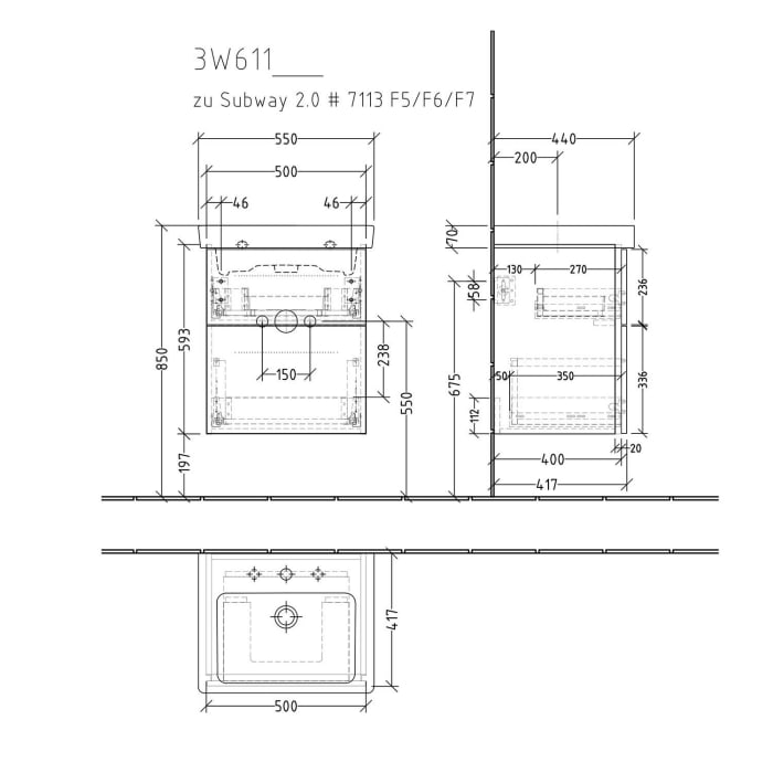 Sanipa 3way Waschtischunterbau für Keramik-Waschtisch Subway 2.0 55 cm, 2 Auszüge mit Griffleisten