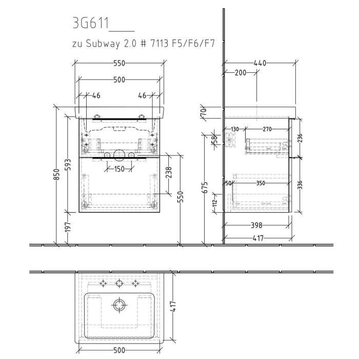 Sanipa 3way Waschtischunterbau für Keramik-Waschtisch Subway 2.0 55 cm, 2 Auszüge mit Aufsatzgriff
