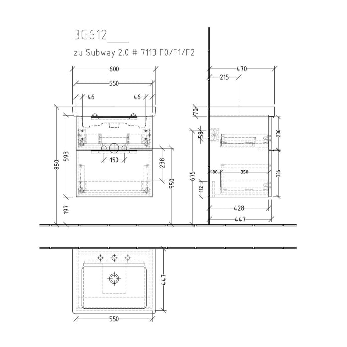 Sanipa 3way Waschtischunterbau für Keramik-Waschtisch Subway 2.0 60 cm, 2 Auszüge mit Aufsatzgriff