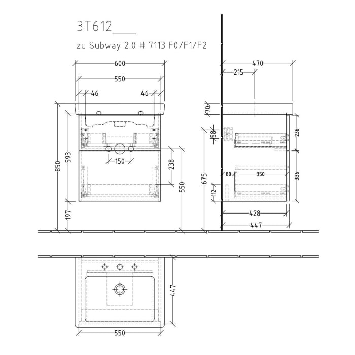 Sanipa 3way Waschtischunterbau für Keramik-Waschtisch Subway 2.0 60 cm, 2 Auszüge mit Push to open