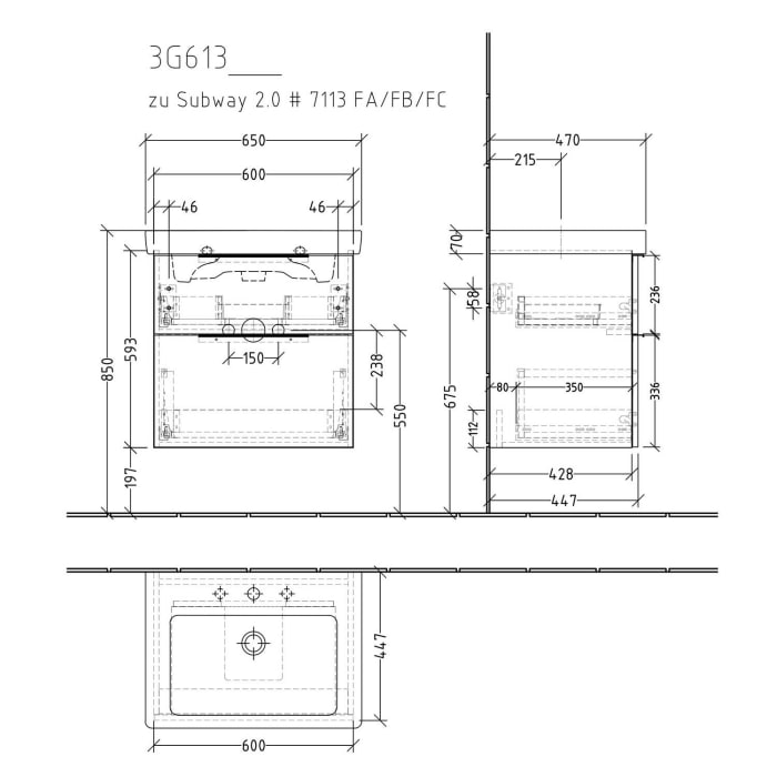 Sanipa 3way Waschtischunterbau für Keramik-Waschtisch Subway 2.0 65 cm, 2 Auszüge mit Aufsatzgriff