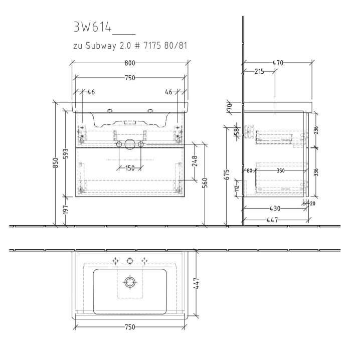 Sanipa 3way Waschtischunterbau für Keramik-Waschtisch Subway 2.0 80 cm, 2 Auszüge mit Griffleisten