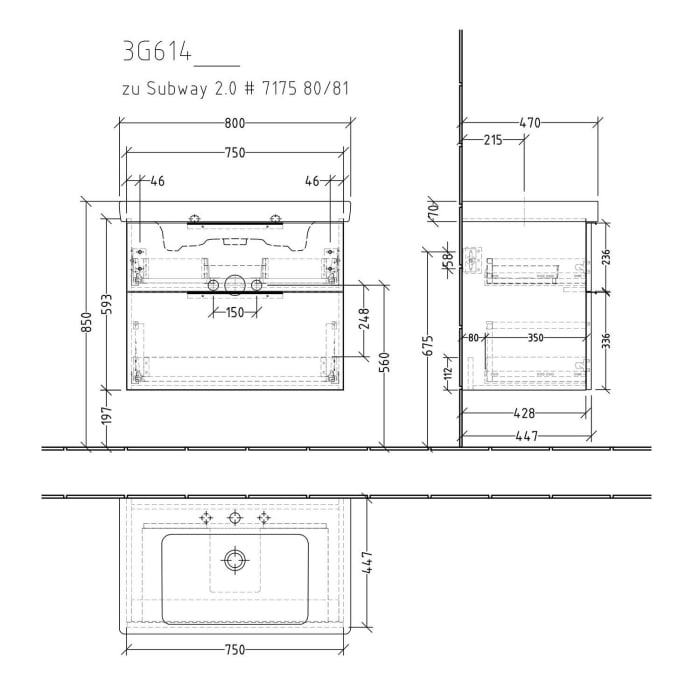 Sanipa 3way Waschtischunterbau für Keramik-Waschtisch Subway 2.0 80 cm, 2 Auszüge mit Aufsatzgriff
