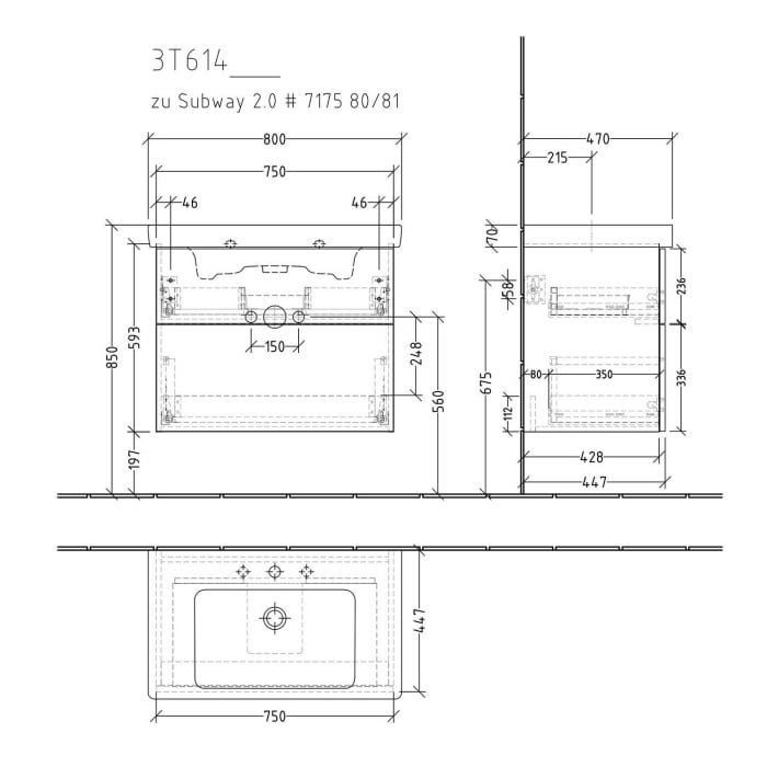 Sanipa 3way Waschtischunterbau für Keramik-Waschtisch Subway 2.0 80 cm, 2 Auszüge mit Push to open