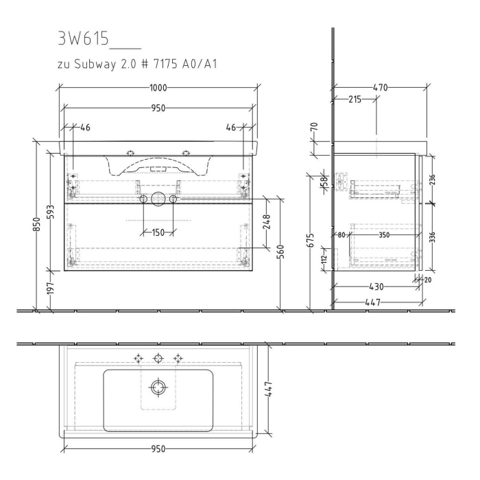 Sanipa 3way Waschtischunterbau für Keramik-Waschtisch Subway 2.0 100 cm, 2 Auszüge mit Griffleisten