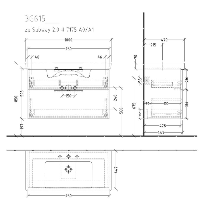 Sanipa 3way Waschtischunterbau für Keramik-Waschtisch Subway 2.0 100 cm, 2 Auszüge mit Aufsatzgriff