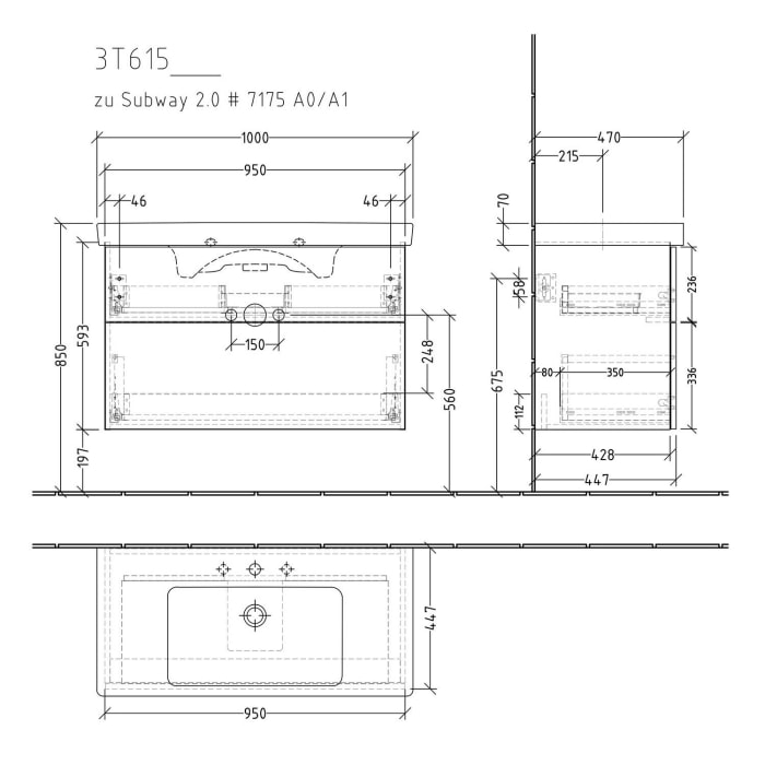 Sanipa 3way Waschtischunterbau für Keramik-Waschtisch Subway 2.0 100 cm, 2 Auszüge mit Push to open