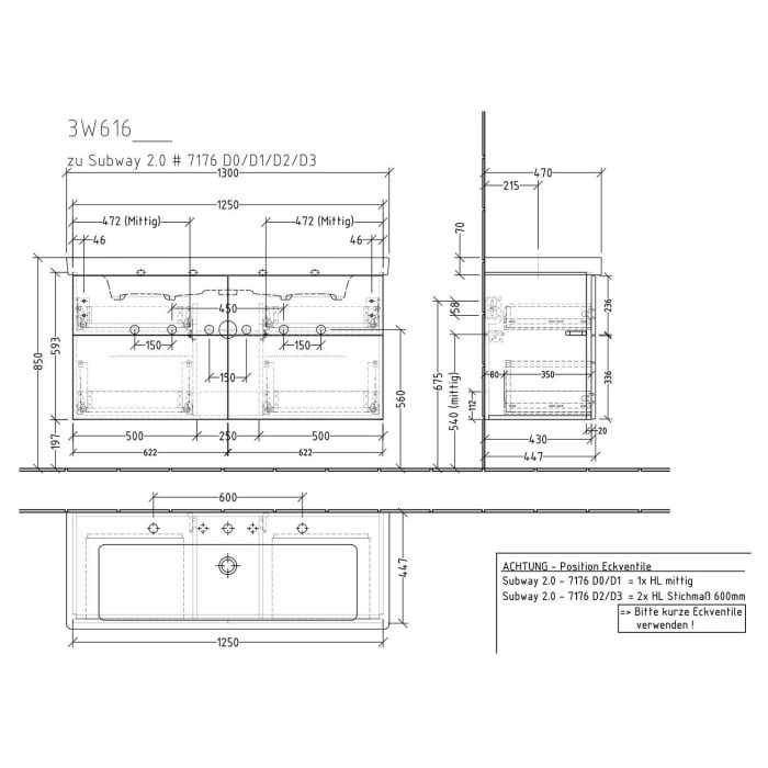 Sanipa 3way Waschtischunterbau für Keramik-Waschtisch Subway 2.0 130 cm, 4 Auszüge mit Griffleisten