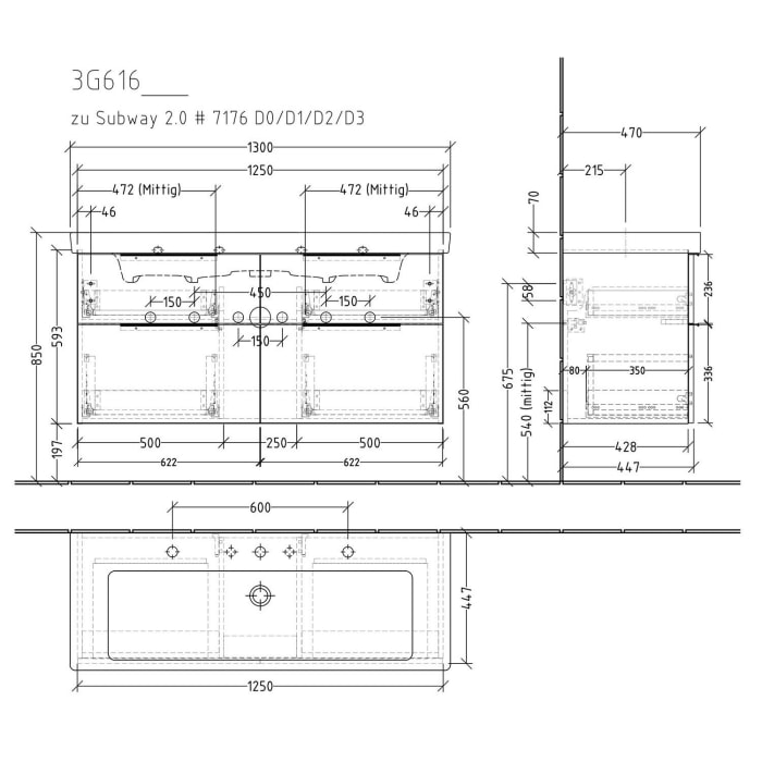 Sanipa 3way Waschtischunterbau für Keramik-Waschtisch Subway 2.0 130 cm, 4 Auszüge mit Aufsatzgriff