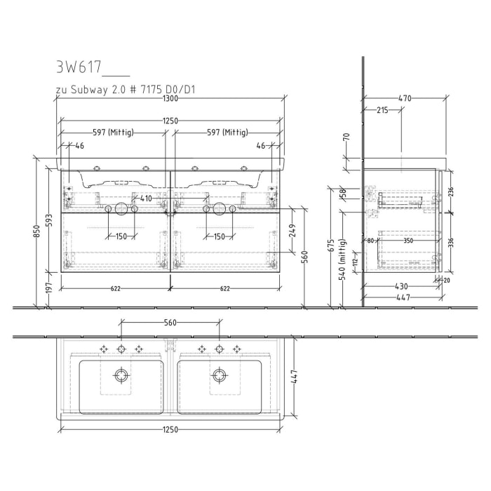 Sanipa 3way Waschtischunterbau für Keramik-Doppelwaschtisch Subway 2.0 130 cm, 4 Auszüge mit Griffleisten