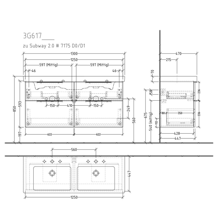 Sanipa 3way Waschtischunterbau für Keramik-Doppelwaschtisch Subway 2.0 130 cm, 4 Auszüge mit Aufsatzgriff