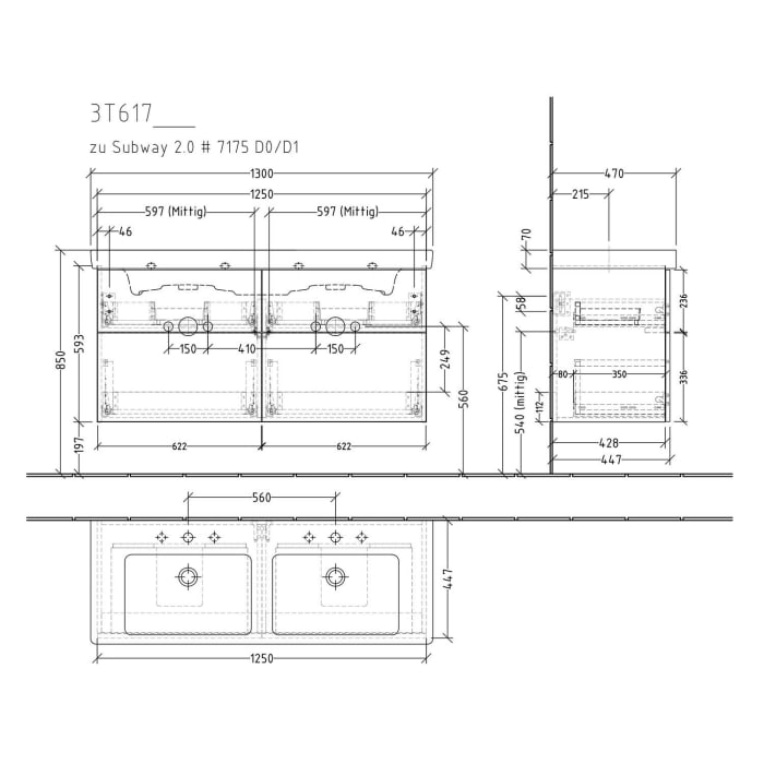 Sanipa 3way Waschtischunterbau für Keramik-Doppelwaschtisch Subway 2.0 130 cm, 4 Auszüge mit Push to open