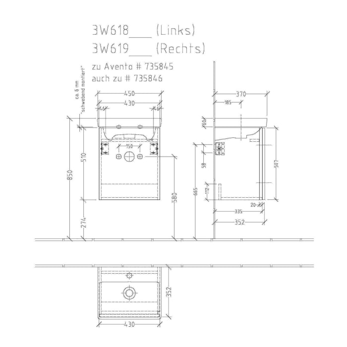 Sanipa 3way Waschtischunterbau für Keramik-Waschtisch Avento 45 cm, 1 Tür, Anschlag links, mit Griffleiste