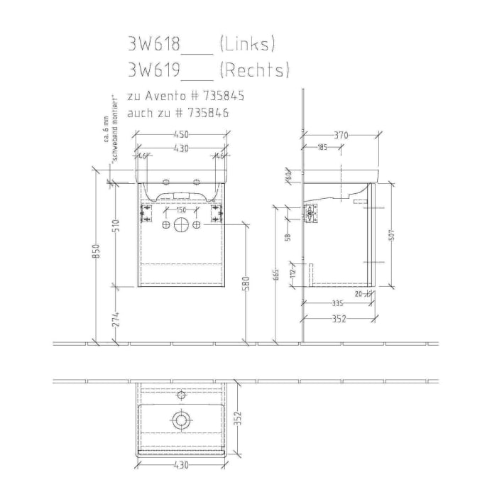 Sanipa 3way Waschtischunterbau für Keramik-Waschtisch Avento 45 cm, 1 Tür, Anschlag rechts, mit Griffleiste