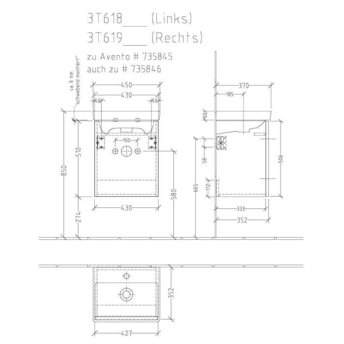 Sanipa 3way Waschtischunterbau für Keramik-Waschtisch Avento 45 cm, 1 Tür, Anschlag rechts, mit Push to open