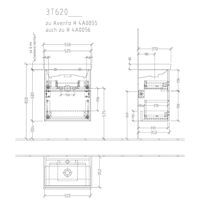Sanipa 3way Waschtischunterbau für Keramik-Waschtisch Avento 55 cm, 2 Auszüge mit Push to open