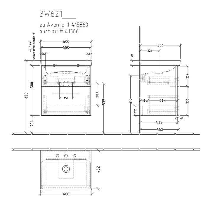 Sanipa 3way Waschtischunterbau für Keramik-Waschtisch Avento 60 cm, 2 Auszüge mit Griffleisten