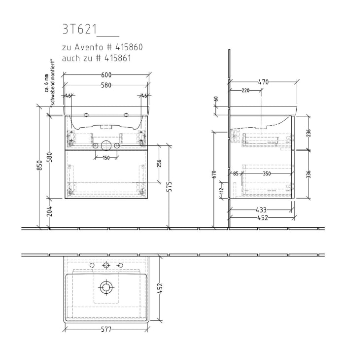 Sanipa 3way Waschtischunterbau für Keramik-Waschtisch Avento 60 cm, 2 Auszüge mit Push to open
