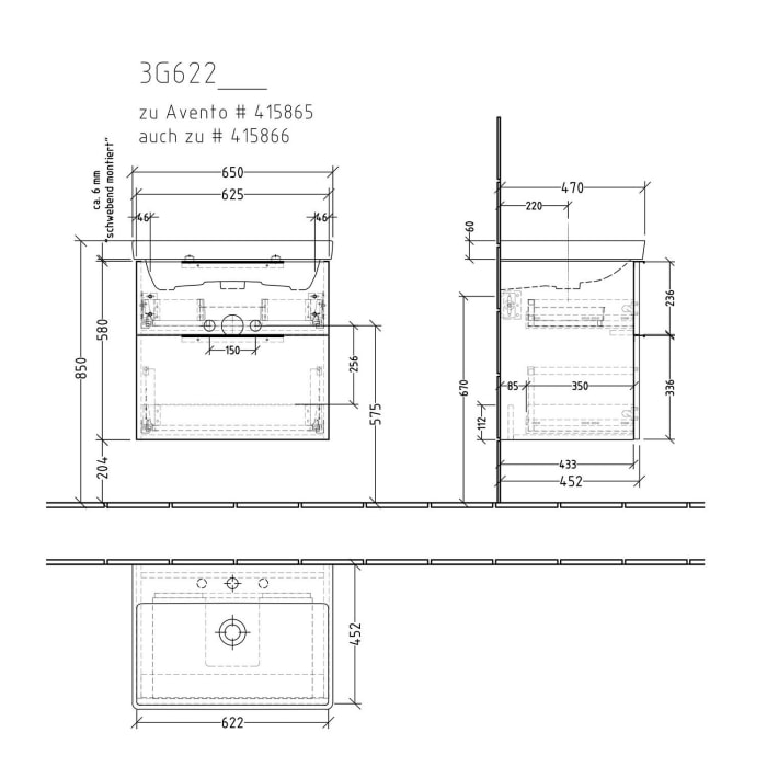 Sanipa 3way Waschtischunterbau für Keramik-Waschtisch Avento 65 cm, 2 Auszüge mit Aufsatzgriff