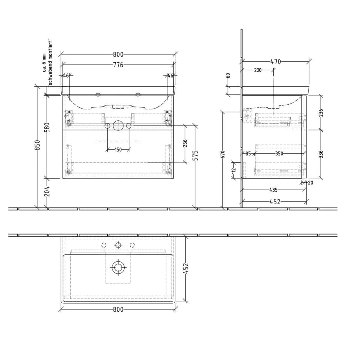 Sanipa 3way Waschtischunterbau für Keramik-Waschtisch Avento 80 cm, 2 Auszüge mit Griffleisten
