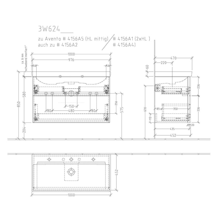 Sanipa 3way Waschtischunterbau für Keramik-Waschtisch Avento 100 cm, 2 Auszüge mit Griffleisten