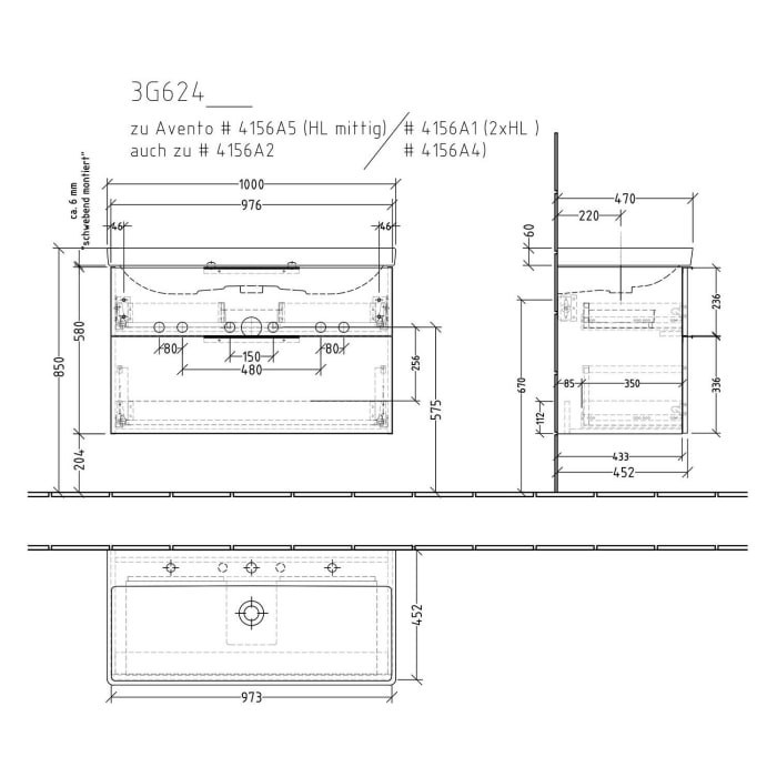 Sanipa 3way Waschtischunterbau für Keramik-Waschtisch Avento 100 cm, 2 Auszüge mit Aufsatzgriff