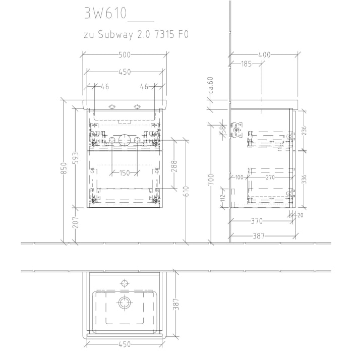 Sanipa 3way Waschtischunterbau für Keramik-Waschtisch Subway 2.0 50 cm, 2 Auszüge mit Griffleisten