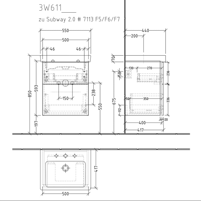 Sanipa 3way Waschtischunterbau für Keramik-Waschtisch Subway 2.0 55 cm, 2 Auszüge mit Griffleisten