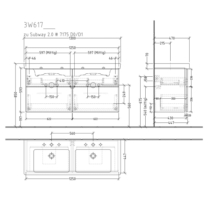 Sanipa 3way Waschtischunterbau für Keramik-Doppelwaschtisch Subway 2.0 130 cm, 4 Auszüge mit Griffleisten