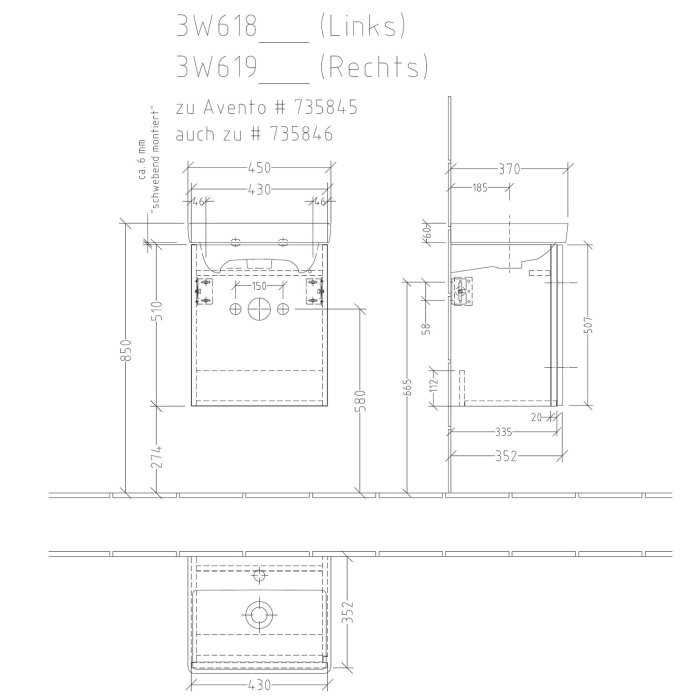 Sanipa 3way Waschtischunterbau für Keramik-Waschtisch Avento 45 cm, 1 Tür, Anschlag links, mit Griffleiste
